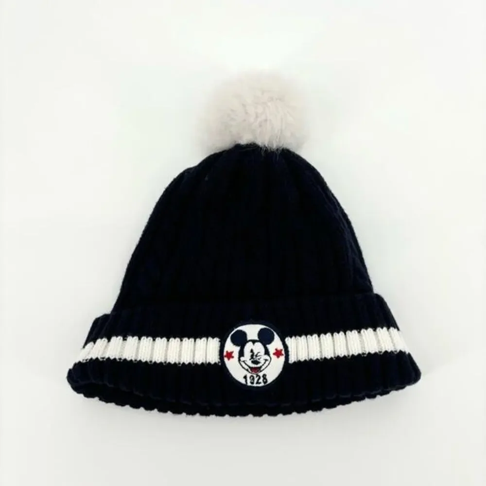 H&M Cable Knit Mickey Mouse Hat Pompom Size 2/6 Months Navy‎ White